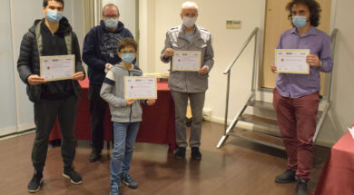 I campioni italiani di calcolo mentale 2020: da sx, Alberto Pola (Under 18), Cristiano D’Andrea (Under 14), Denis Turello (Senior) e Domenico Mancuso (Assoluto)